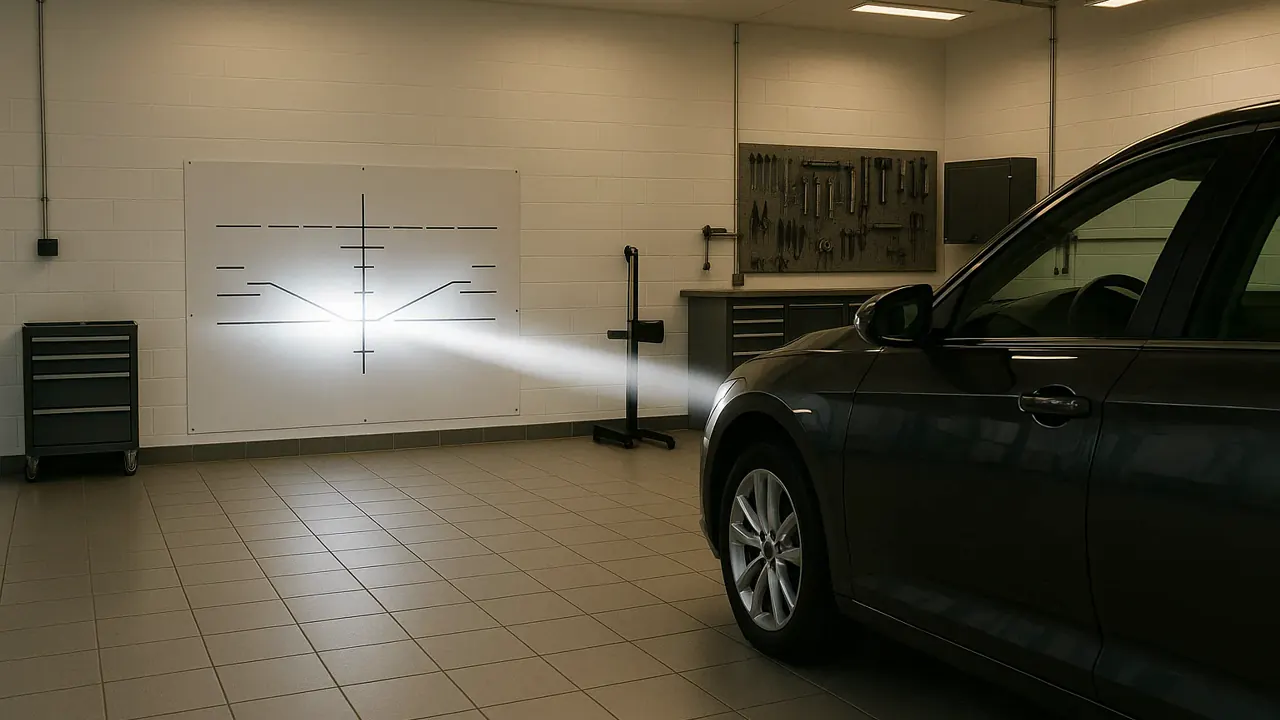 Farol automotivo aceso durante avaliação de regulagem